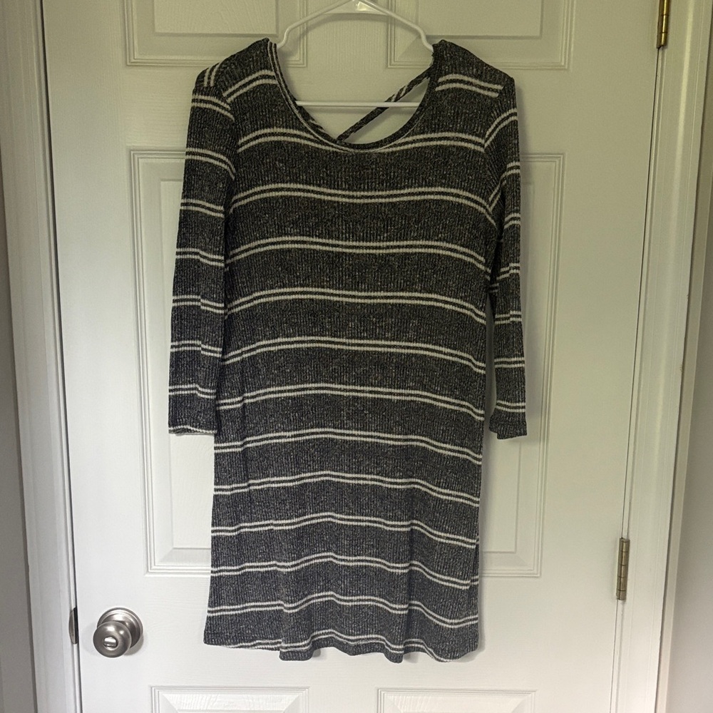 French Grey Black and White Striped Sweater Dress